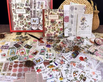 Vintage Journaling Zubehör Geschenk-Box - Notizbuch, Aufkleber, Scrapbook Papier, Washi Tape & mehr Schreibwaren Set für Scrapbooking, Collage Art