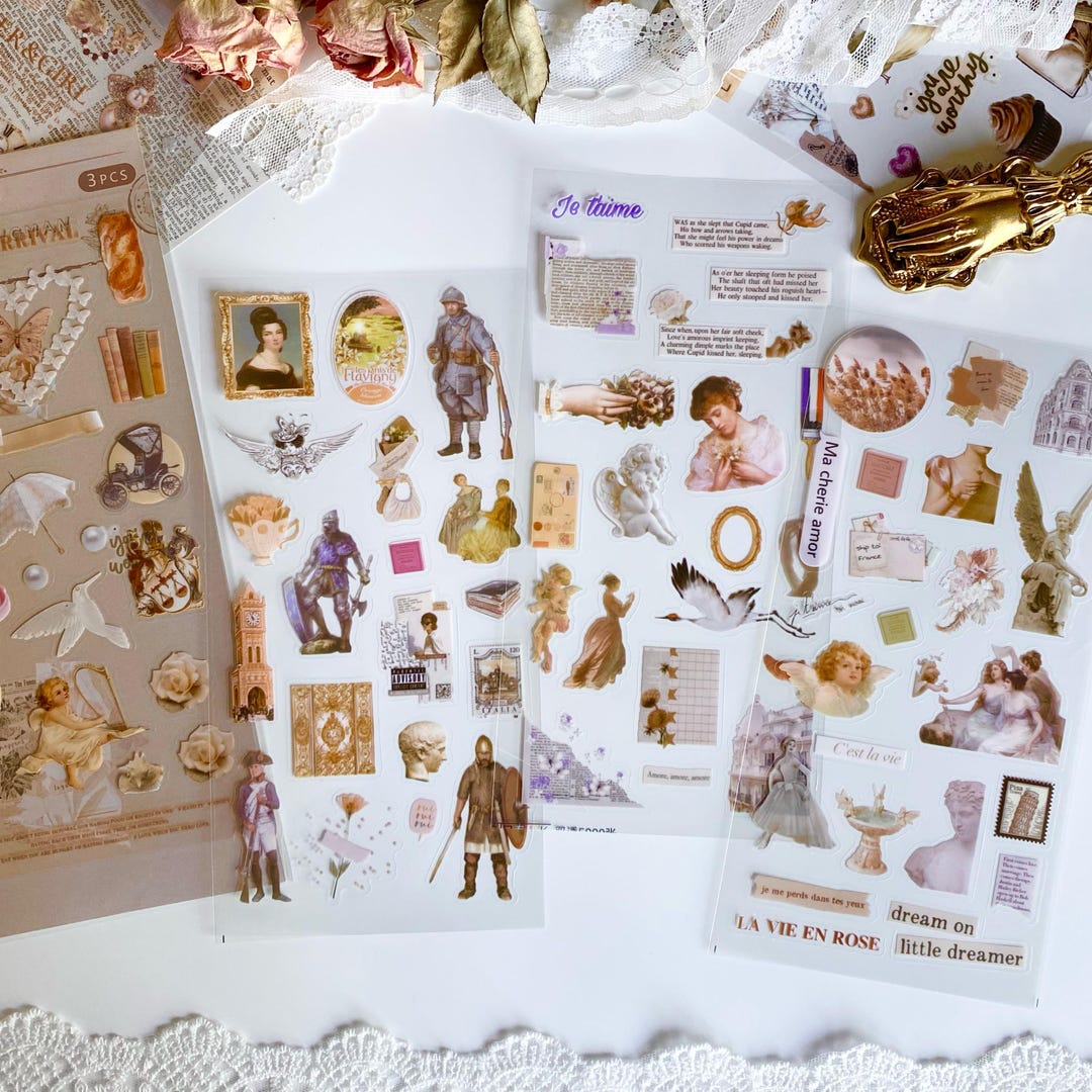 Franch Romance Vintage Aesthetic Sticker Sheet Set, Journal Stickers Set, for Romantic Junk ...