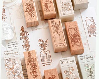 Vintage Floral Wooden Rubber Stamp, Botanical Journal Stamp, 6 Designs for Journaling, Scrapbooking, Paper Stamping