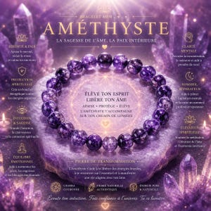 Op de afbeelding: Een 8mm amethist armband met paarse kralen, gepresenteerd op een paarse steen. De afbeelding bevat Franse tekst die de eigenschappen van de armband beschrijft, zoals het bevorderen van mentale helderheid, spirituele bescherming en emotioneel evenwicht. De achtergrond bevat kristallen en kaarsen.