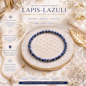 Puede incluir: Una pulsera circular de cuentas de lapislázuli de 4 mm, que mide de 17 cm a 17,5 cm. El texto dice: BRACELET EN PIERRES NATURELLES LAPIS-LAZULI PIERRE DE SAGESSE & D'INTUITION, INTUITION, SÉRÉNITÉ, CONFIANCE, 4MM, 17CM, 17,5CM y otros textos.