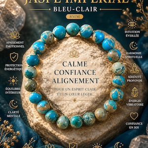 Op de afbeelding: Een turquoise en bruin Imperial Jasper kralenarmband, 8 mm groot, gepresenteerd op een getextureerd stenen oppervlak. De afbeelding bevat Franse tekst die kwaliteiten als kalmte, vertrouwen en uitlijning benadrukt.