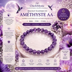 Può includere: Un bracciale elastico composto da perline di ametista di grado AA, con un diametro di 8 mm e opzioni di lunghezza di 17 cm o 17,5 cm. Le perline in pietra viola sono disposte in un cerchio continuo, mostrando variazioni naturali di colore.