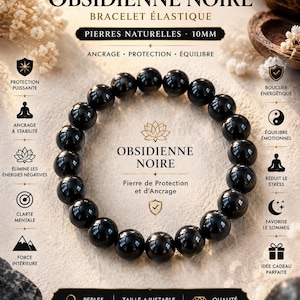 Peut inclure: Bracelet élastique en obsidienne noire. Il est composé de perles de pierres naturelles de 10 mm. Le texte sur l'image indique "Force & Protection" et "Obsidienne Noire". Taille ajustable de 17,5 à 18 cm.