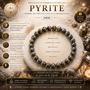 Bracciale in pirite A+ / 6 mm – Attira abbondanza, protezione, successo | Forza, fiducia, energia positiva | Energia delle anime ambiziose