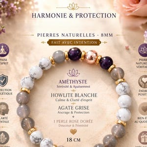 Op de afbeelding: Een kralenarmband met natuurstenen, waaronder amethist, howliet en agaat. De armband heeft goudkleurige accenten en een roze kraal. De armband is ongeveer 18 cm lang.