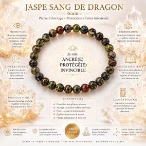 Peut inclure: Bracelet de perles de jaspe sanguin de dragon de 6 mm. Les perles sont un mélange de vert foncé, de marron et de rouge. Le texte inclut « Ancré(e), Protégé(e), Invincible » et « 100% Naturel ».