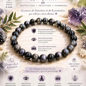 Peut inclure: Un bracelet de perles d'obsidienne de 6 mm. L'image présente du texte en français, soulignant les propriétés du bracelet : protection, intuition et harmonie. Il est présenté comme un compagnon quotidien.