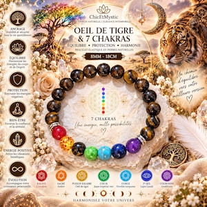 Peut inclure: Un bracelet composé de perles en œil de tigre marron et de sept perles chakra colorées, incluant des tons rouge, orange, vert, turquoise, bleu et violet. Le bracelet est marqué 8mm et 18cm, avec le texte ChicEtMystic, Oeil de Tigre & 7 Chakras.