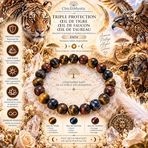Può includere: Un bracciale elastico con perline rotonde da 8mm in occhio di tigre, occhio di falco e occhio di bue. Le perle presentano motivi naturali a bande nei toni del marrone, oro, blu e rosso-marrone. Il bracciale è disposto in forma circolare.