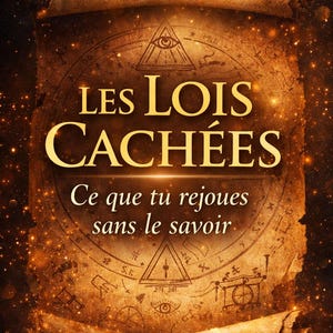 Peut inclure: Couverture de livre avec le titre "LES LOIS CACHÉES" en lettres dorées sur un fond en forme de parchemin. La couverture présente un œil dans un triangle et d'autres symboles, avec le texte "Ce que tu rejoues sans le savoir".