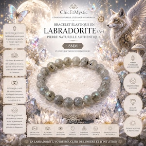 Può includere: Un braccialetto elastico circolare composto da perline di labradorite grigia da 8mm con riflessi iridescenti. Il testo recita ChicEtMystic, BRACELET ÉLASTIQUE EN LABRADORITE (A+), PIERRE NATURELLE AUTHENTIQUE, 8MM, PLUSIEURS TAILLES DISPONIBLES e LA LABRADORITE, VOTRE BOUCLIER DE LUMIÈRE ET D'INTUITION.