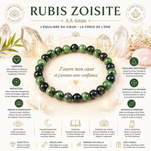 Può includere: Un braccialetto di Rubino Zoisite con perline da 6 mm. Il braccialetto è realizzato con pietre naturali verdi e nere. L'immagine include testo in francese, tra cui "J'ouvre mon cœur et j'avance avec confiance."