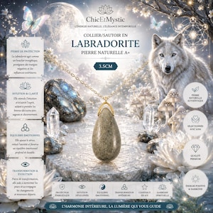 Könnte beinhalten: Ein tropfenförmiger Labradorit-Anhänger an einer goldfarbenen Kette. Der Stein ist grau und hat eine texturierte Oberfläche. Das Bild enthält Text wie ChicEtMystic, COLLIER/SAUTOIR EN LABRADORITE und 3.5CM sowie Illustrationen von einem Wolf, Schmetterlingen und Kristallen.