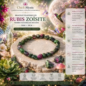 Pode incluir: Uma pulseira elástica feita de pedras de rubi zoisite polidas, com contas de 8mm e uma circunferência de 18cm. A pulseira é exibida ao lado de texto que detalha as suas propriedades, incluindo energia, equilíbrio emocional e proteção.