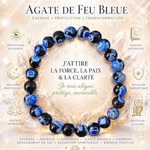 Puede incluir: Un brazalete de cuentas de ágata azul con detalles en blanco y negro. La imagen incluye texto en francés: "AGATE DE FEU BLEUE" y "J'attire la force, la paix & la clarté". Se muestra sobre un fondo claro.