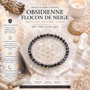 Puede incluir: Una pulsera de cuentas de obsidiana copo de nieve en negro con inclusiones blancas. El texto dice: BRACELET EN PIERRES NATURELLES, OBSIDIENNE FLOCON DE NEIGE, PROTECTION, ÉQUILIBRE, CLARTÉ, 4MM, 17CM, 17,5CM, 18CM, y JE SUIS PROTÉGÉ(E), ANCRÉ(E) ET ALIGNÉ(E) AVEC MA LUMIÈRE.