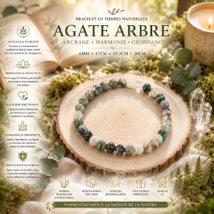 Könnte beinhalten: Ein Perlenarmband aus natürlichen Baumachat-Steinen mit grünen, weißen und grauen gesprenkelten Mustern. Das Armband liegt auf einer runden Holzscheibe. Der Text auf dem Bild enthält "AGATE ARBRE", "6MM", "17CM", "19.5CM" und "20CM".