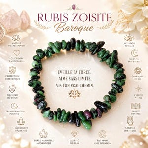Peut inclure: Un bracelet de perles en pierres de rubis zoisite vertes et noires. Le bracelet est présenté sur un fond clair avec du texte en français, dont "Rubis Zoisite Baroque" et des phrases inspirantes. Diverses icônes entourent le bracelet.