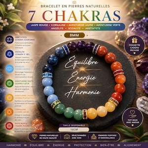 Può includere: Un braccialetto di perline con sette pietre di diversi colori, che rappresentano i chakra. Il braccialetto è fatto di pietre naturali e misura 8 mm. Il testo sull'immagine dice "Equilibre, Energie, Harmonie". La taglia è di 16 cm.