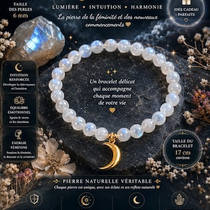 Op de afbeelding: Een delicate armband met maansteen kralen van 6 mm. De armband heeft een goudkleurige halve maan bedel. De tekst op de afbeelding luidt "PIERRE DE LUNE Orthoclase". De armband is ongeveer 17 cm lang.
