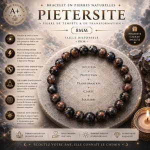 Peut inclure: Un bracelet composé de perles rondes en pietersite brun foncé et noir. Les perles mesurent 8 mm de diamètre et le bracelet a une longueur de 18 cm. L'image comporte du texte détaillant des propriétés comme l'intuition et la protection.