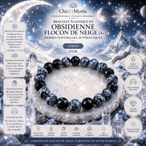 Può includere: Un bracciale elastico composto da perline in ossidiana fiocco di neve da 10 mm, con una lunghezza di 17 cm. Il bracciale presenta un'alternanza di perline nere lisce e perline grigie con motivi bianchi simili a fiocchi di neve.