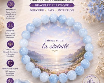 Bracciale in celestina da 8 mm – Pace interiore ed elevazione spirituale | Pietra angelica rilassante | Serenità, chiarezza ed energia divina – 17 cm