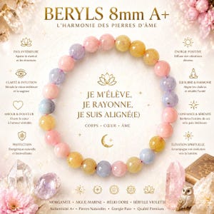 Peut inclure: Un bracelet de perles multicolores de 8 mm. Le bracelet présente des pierres roses, jaunes et violettes. Le texte sur l'image se lit "JE M'ÉLÈVE, JE RAYONNE, JE SUIS ALIGNÉ(E)" et "BERYLS 8mm A+".
