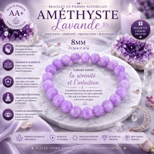 Peut inclure: Un bracelet de perles en améthyste lavande avec des perles de 8mm, disponible en longueurs de 17cm et 17,5cm. Le bracelet présente des perles de pierre naturelle polies et rondes dans une teinte violet clair, disposées en cercle.