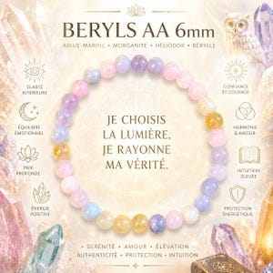 Peut inclure: Un bracelet de perles multicolores de 6 mm. Le bracelet présente un mélange de couleurs pastel, notamment rose, bleu, jaune et violet. Le texte sur l'image se lit "Je choisis la lumière, je rayonne ma vérité."