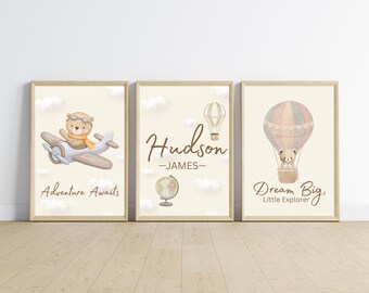 Gepersonaliseerde muurkunst set babyjongen – avontuur wacht op vliegtuig en heteluchtballon – neutrale teddybeer kinderkamerdecoratie – op maat