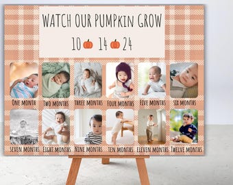 May include: A baby milestone photo board with a plaid background and the text "WATCH OUR PUMPKIN GROW." It features twelve baby photos, each labeled with a month from one to twelve. The board is displayed on a small wooden easel.