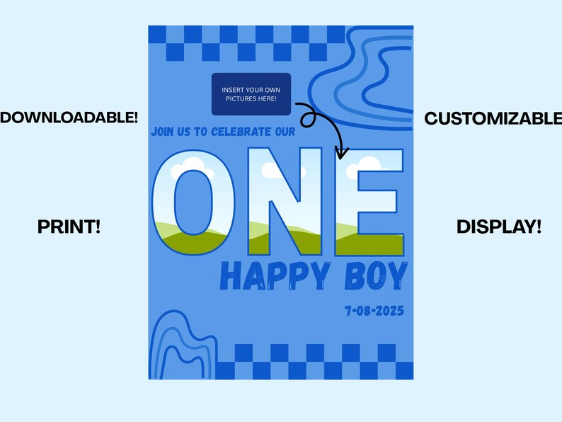 Editable 1st Birthday Sign for Boy | Blue “ONE Happy Boy” Poster ...