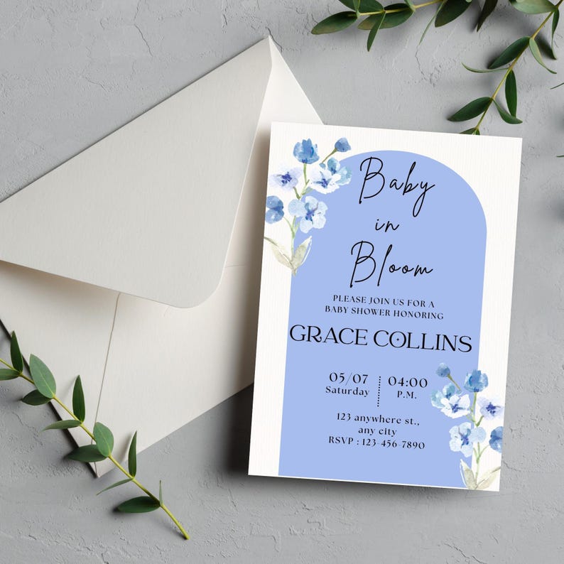 Blue Floral Baby Shower Invitation Baby In Bloom Theme Printable Or