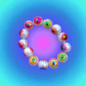 Può includere: Una composizione circolare di dodici oggetti a forma di bulbo oculare, con dettagli dell'iride rossi, gialli e verdi. L'insieme è posto su uno sfondo sfumato blu, rosa e verde.