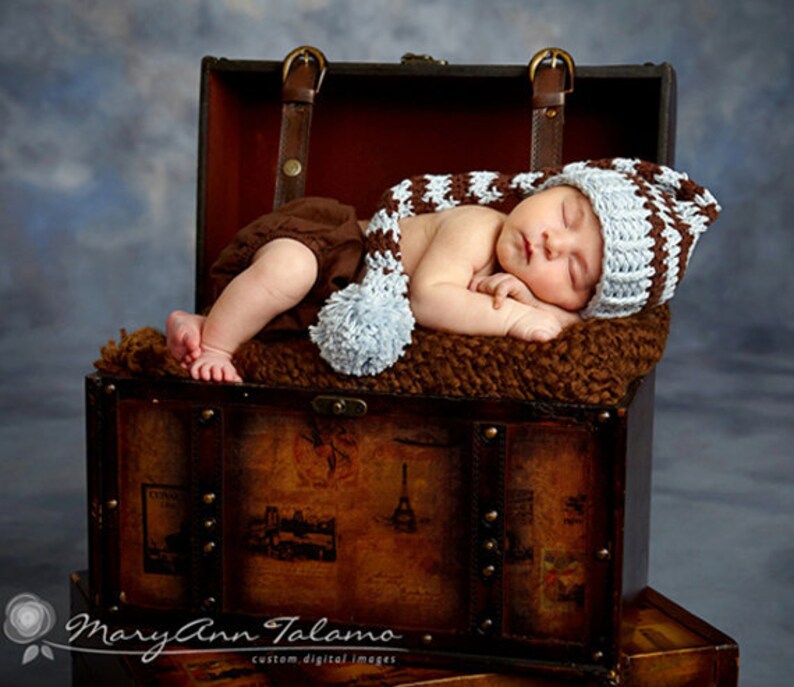 Baby Shower Gift. Great for Professional Photo Props Birth Cards Baby Blue and Brown with PomPom Newborn Baby Boy Stocking Hat