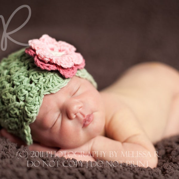 Baby Girl Hat, Newborn Girl Hat, Crochet Flapper Hat, Selery with Rose Pink and Baby Pink Flower. Photo Props. Baby Gift - Kids