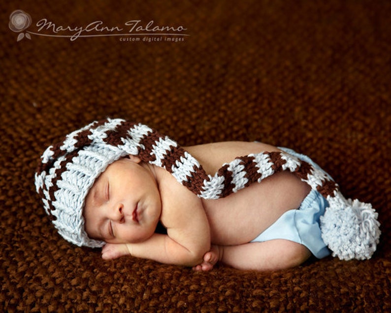 Baby Shower Gift. Great for Professional Photo Props Birth Cards Baby Blue and Brown with PomPom Newborn Baby Boy Stocking Hat
