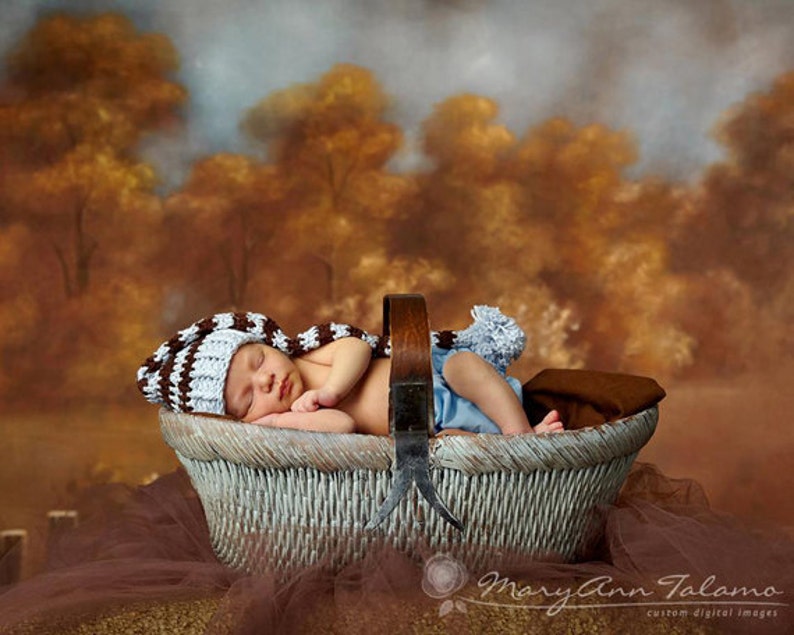 Baby Shower Gift. Great for Professional Photo Props Birth Cards Baby Blue and Brown with PomPom Newborn Baby Boy Stocking Hat
