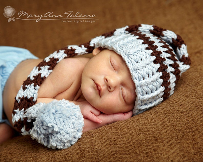 Baby Shower Gift. Great for Professional Photo Props Birth Cards Baby Blue and Brown with PomPom Newborn Baby Boy Stocking Hat