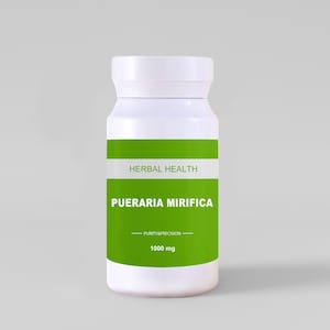 Può includere: Una bottiglia bianca con tappo bianco ed etichetta verde. L'etichetta riporta "HERBAL HEALTH" sopra "PUERARIA MIRIFICA". Sotto, si legge "PURITY&PRECISION" e "1000 mg".