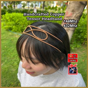 May include: A handcrafted copper tensor headband featuring a twisted wire design with a central infinity-like loop. The text on the image reads Handcrafted Copper Tensor Headband, 144Mhz, 432Mhz, and Gift Tensor Ring 144 MHz with a small ring graphic.