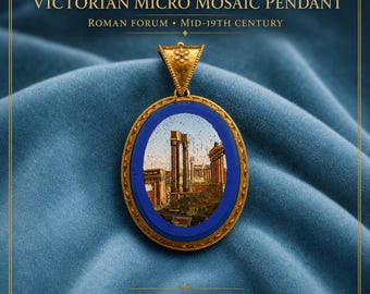 May include: Victorian micro mosaic pendant with a gold-tone setting and a blue border. The pendant features a detailed mosaic of the Roman Forum. The text on the image reads "Roman Forum • Mid-19th Century" and "Rome, Italy."