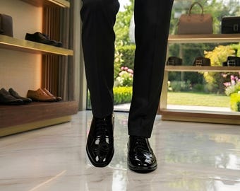 Zapatos de vestir de charol negro para hombre - Zapatos formales Oxford Wingtip hechos a mano para bodas