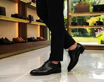 Herren Lederschuhe mit schwarzer Alligator-Textur - Handgefertigte Luxus-formelle Schuhe