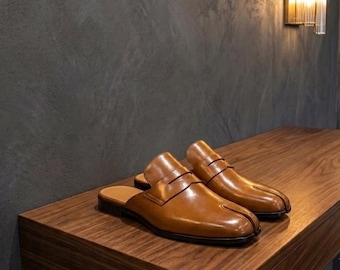 Handmade Tan Brown Tabi Mules Unisex – Japanese Style Split Toe Backless Leather shoes
