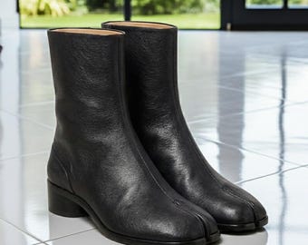 Stylish Black Tabi Boots for Men - Handmade Split Toe Leather Ankle Boots