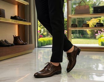 Men's Brown Alligator Texture Leather Dress Shoes - Handmade Luxury Formal Shoes