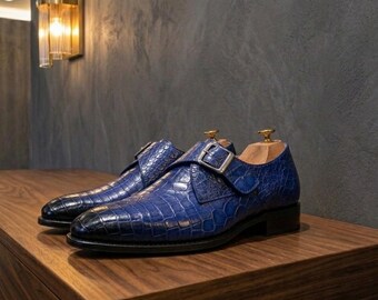 Chaussures habillées bleues à brides effet croco, chaussures habillées à boucle pour hommes, chaussures pour marié